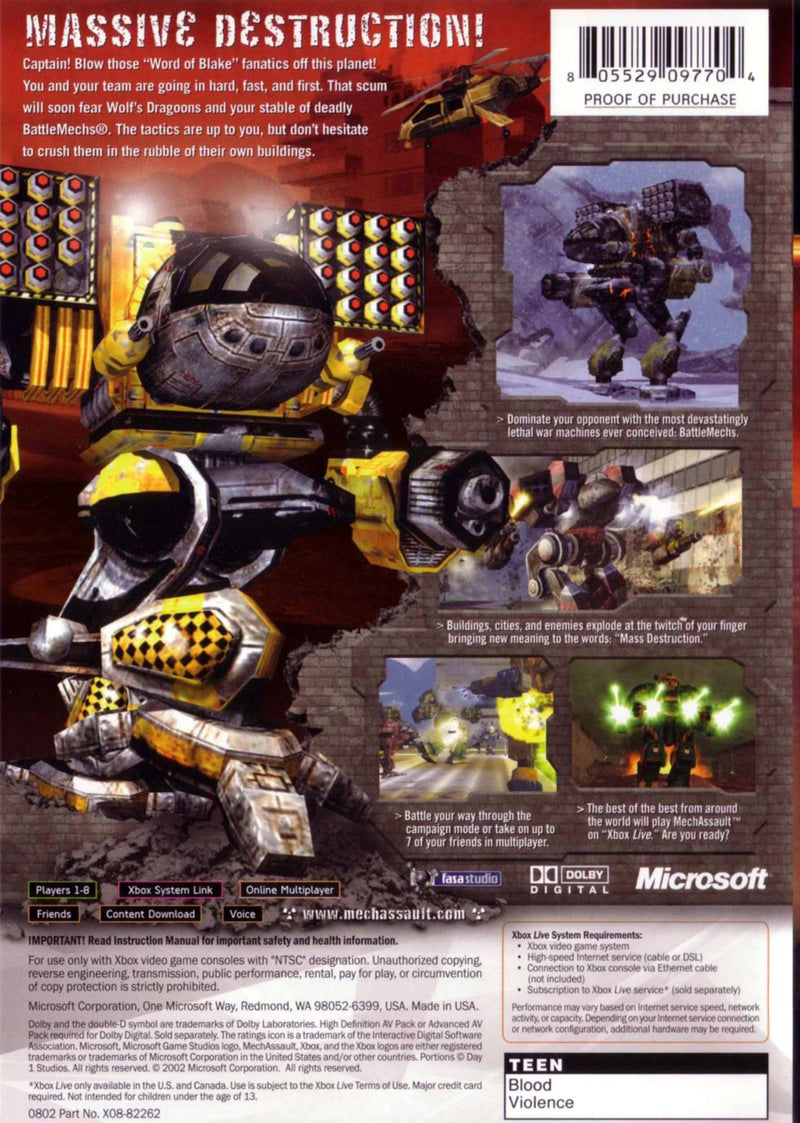 Mechassault Back Cover - Xbox Pre-Played