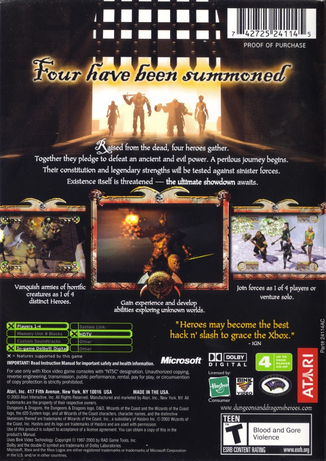 Dungeons & Dragons: Heroes Back Cover - Xbox Pre-Played