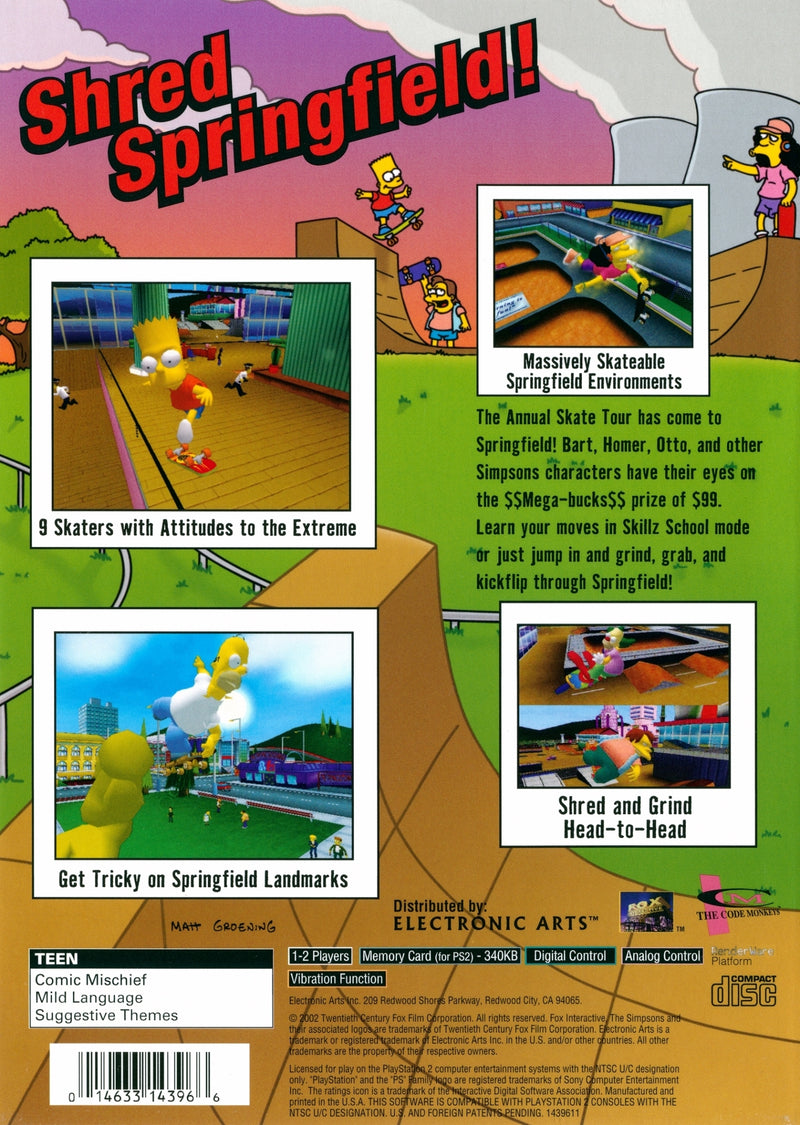 The Simpsons Skateboarding Back Cover - Playstation 2 Pre-Played