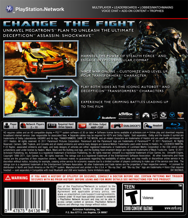 Transformers Dark of the Moon Back Cover - Playstation 3 Pre-Played