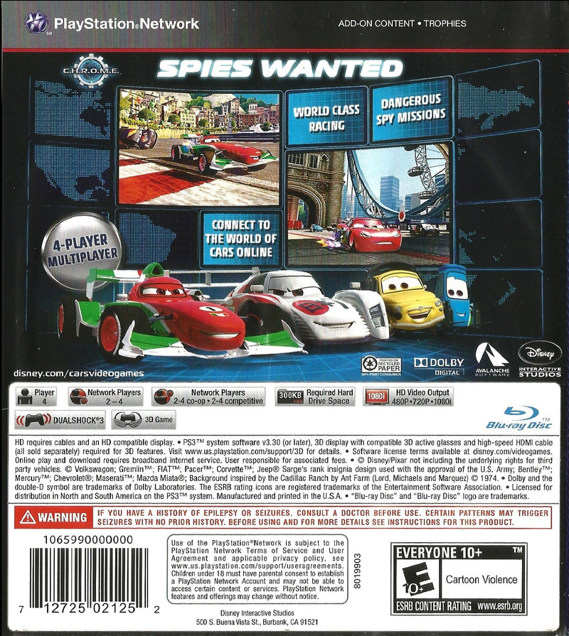 Cars 2 Back Cover - Playstation 3 Pre-Played