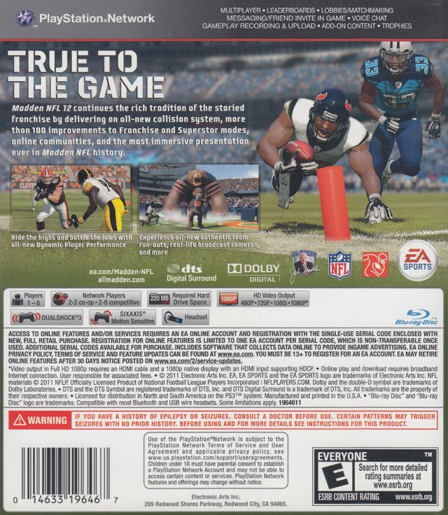 Madden NFL 12 Back Cover - Playstation 3 Pre-Played