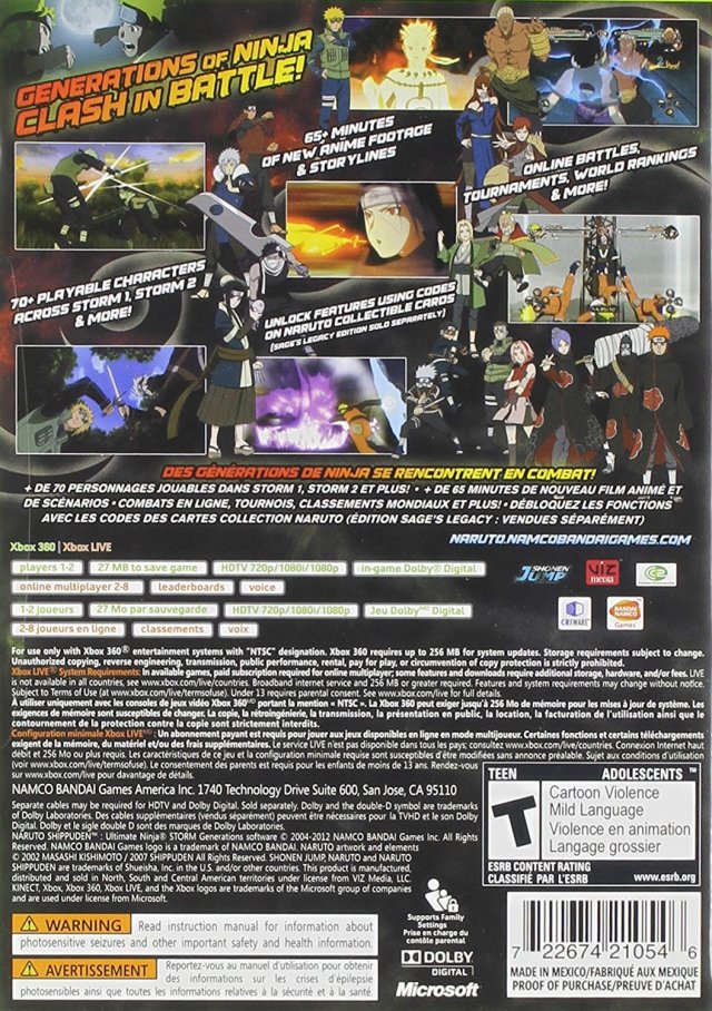 Naruto Shippuden Ultimate Ninja Storm Generations Back Cover - Xbox 360 Pre-Played