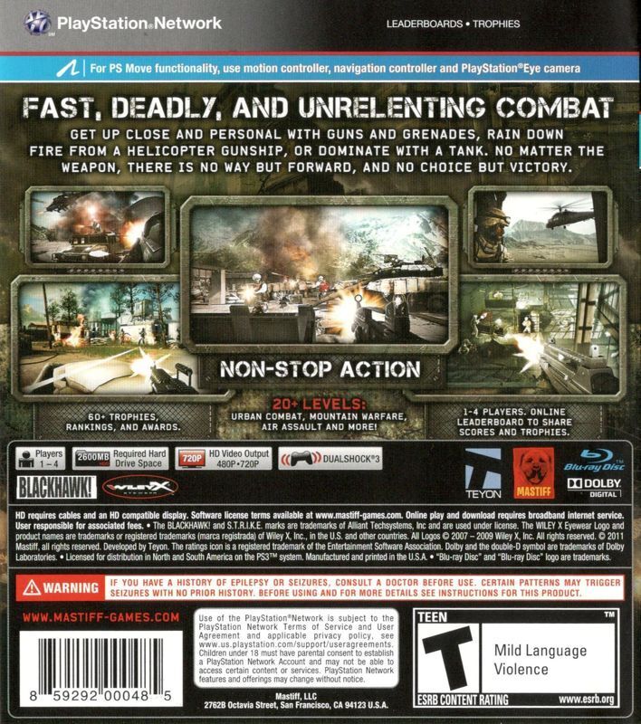 Heavy Fire Afghanistan Back Cover - Playstation 3 Pre-Played