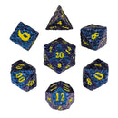 Meteorite Blue Purple Color Shift Yellow Numbers Metal Dice Set