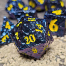 Meteorite Blue Purple Color Shift Yellow Numbers Metal Dice Set