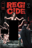 Comic book cover for Regicide issue 1, featuring a dark horror illustration with the title in large red distressed letters at the top. A nude woman is centered behind a black censor block, surrounded by pale figures and a hooded figure in the foreground.