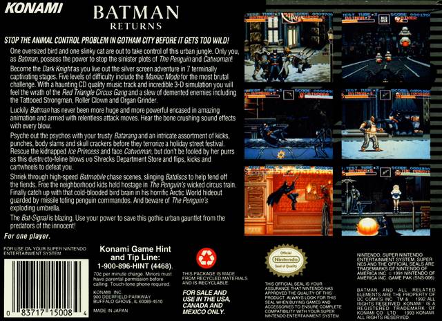 Batman Returns Back Cover - Super Nintendo, SNES Pre-Played