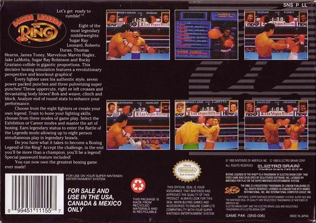 Boxing Legends of the Ring Back Cover - Super Nintendo, SNES Pre-Played