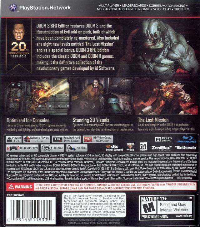 Doom 3 BFG Edition Back Cover - Playstation 3 Pre-Played