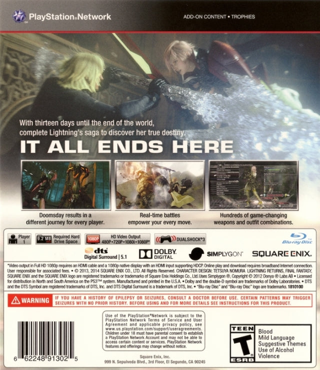 Lightning Returns FF XIII Back Cover - Playstation 3 Pre-Played