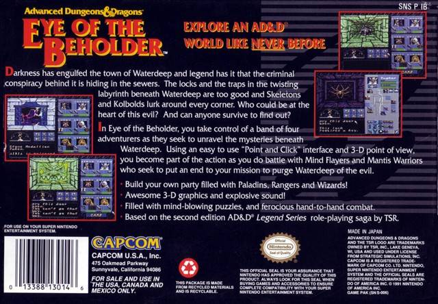 Eye of the Beholder Back Cover - Super Nintendo, SNES Pre-Played