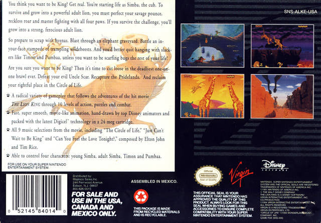 The Lion King Back Cover - Super Nintendo, SNES Pre-Played
