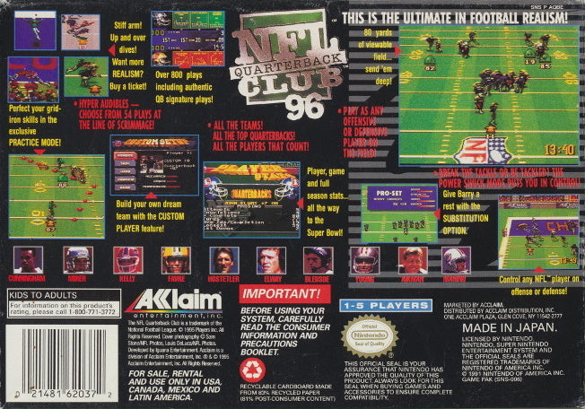 NFL Quarterback Club 96 Back Cover - Super Nintendo  SNES Pre-Played