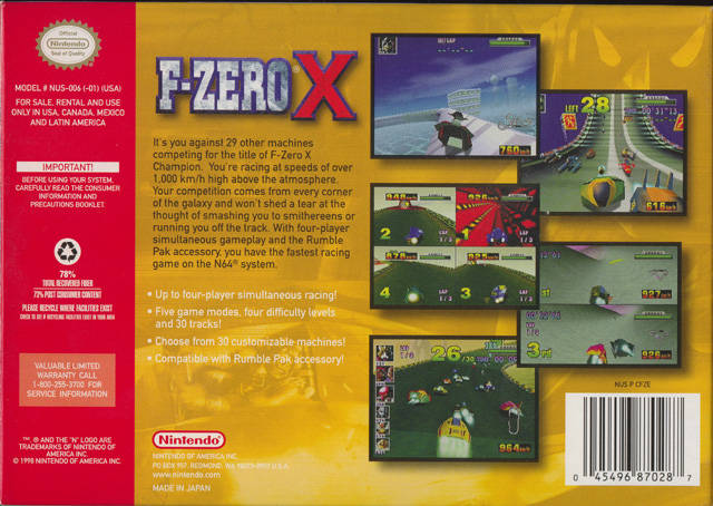F-Zero X Back Cover - Nintendo 64 Pre-Played
