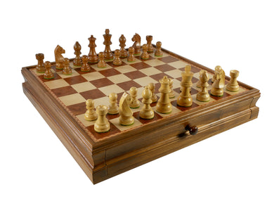 Walnut/Maple Chest and Single Weighted Chessmen Set