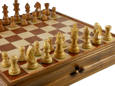 Walnut/Maple Chest and Single Weighted Chessmen Set