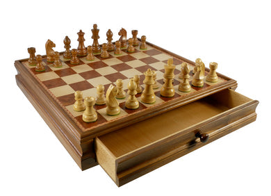 Walnut/Maple Chest and Single Weighted Chessmen Set