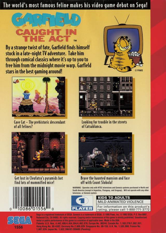 Garfield Caught In The Act Back Cover - Sega Genesis Pre-Played