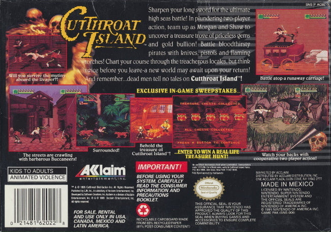 Cutthroat Island Back Cover - Super Nintendo, SNES Pre-Played