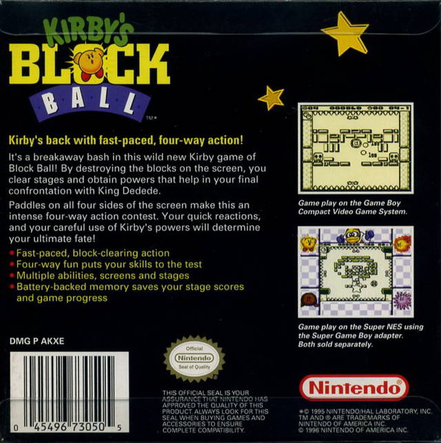 Kirby's Block Ball Back Cover - Nintendo Gameboy Pre-Played