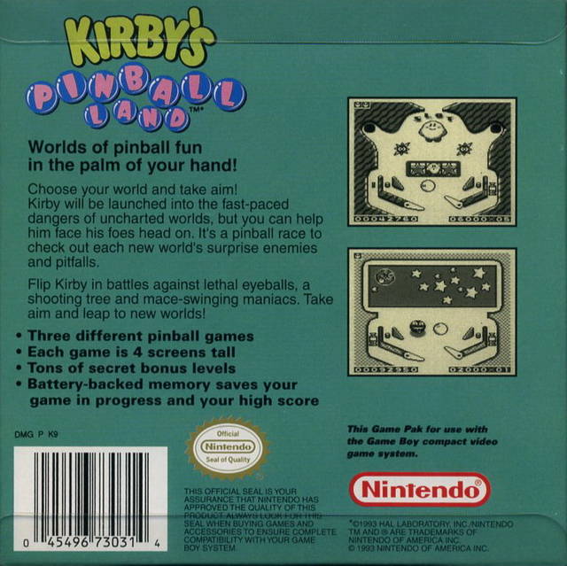 Kirby's Pinball Land Back Cover - Nintendo Gameboy Pre-Played