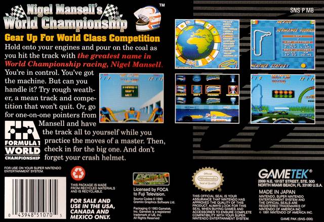 Nigel Mansell's World Championship Racing Back Cover - Super Nintendo, SNES Pre-Played