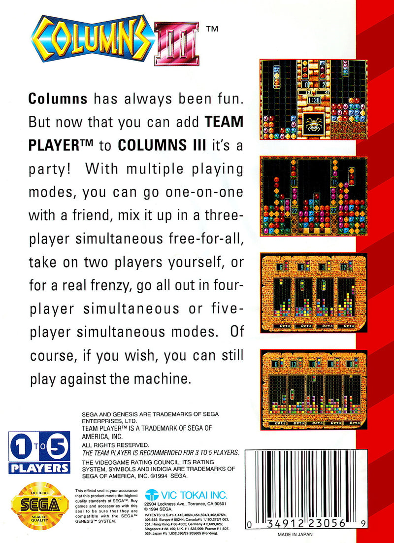 Columns III Back Cover - Sega Genesis Pre-Played