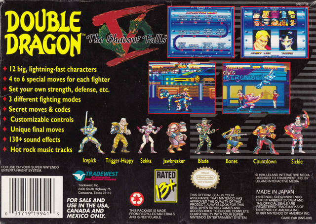 Double Dragon 5 The Shadow Falls Back Cover - Super Nintendo SNES Pre-Played