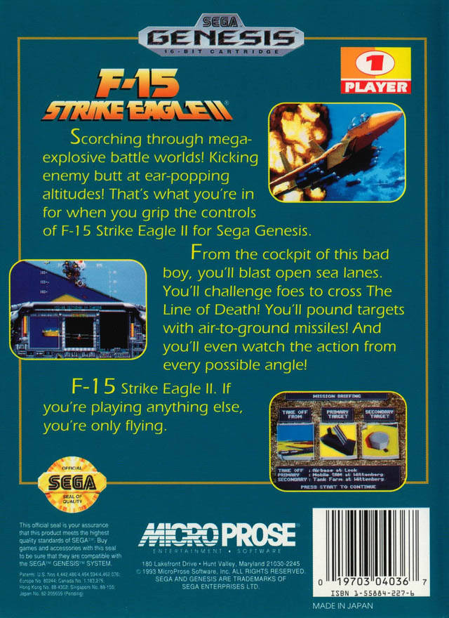 F-15 Strike Eagle 2 Back Cover - Sega Genesis Pre-Played