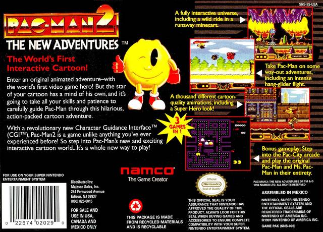 Pac-man 2: The New Adventures Back Cover - Super Nintendo, SNES Pre-Played