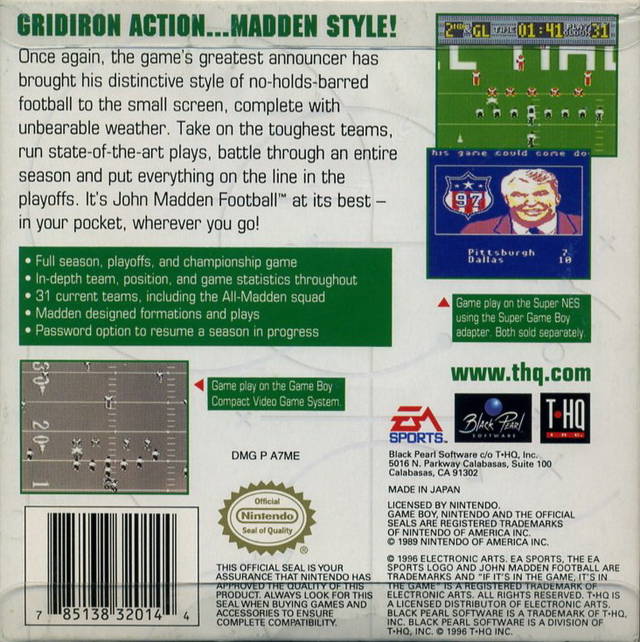 Madden 97 Back Cover - Nintendo Gameboy Pre-Played