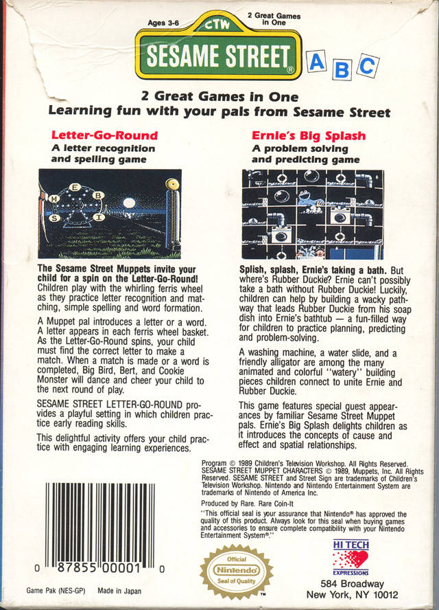 Sesame Street ABC Back Cover - Nintendo Entertainment System NES Pre-Played