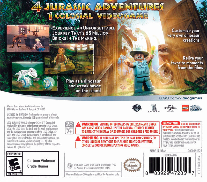 LEGO Jurassic World Back Cover - Nintendo 3DS Pre-Played