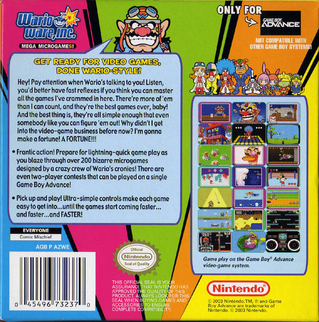 Wario Ware, Inc. : Mega Microgames Back Cover - Nintendo Gameboy Advance Pre-Played