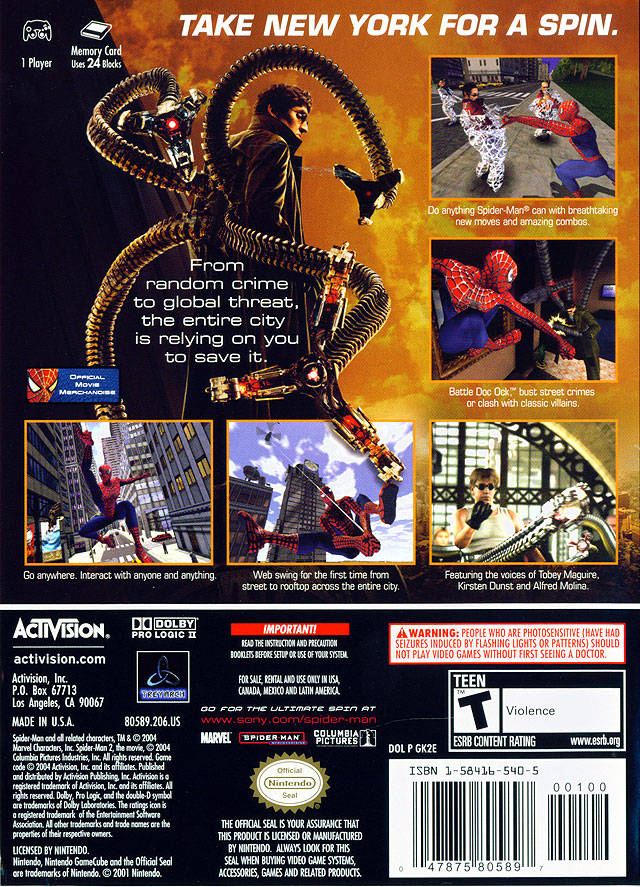Spider-Man 2 Back of Nintendo Gamecube Box
