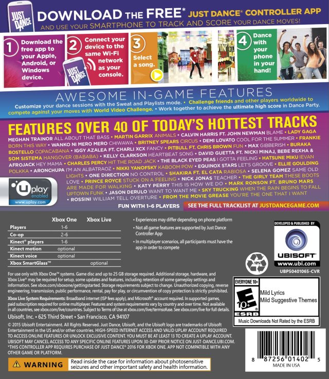 Just Dance 2016 Back Cover - Xbox One Pre-Played