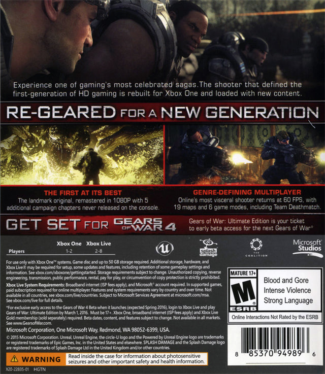 Gears of War Ultimate Edition Back Cover - Xbox One Pre-Played