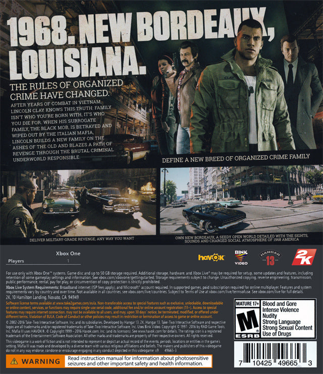 Mafia III Back Cover - Xbox One Pre-Played