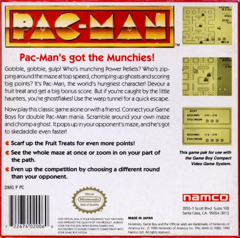 Pac-Man Back Cover - Nintendo Gameboy Pre-Played