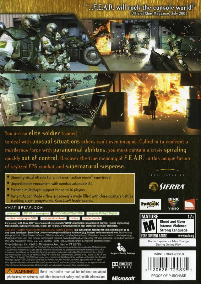 F.E.A.R. First Encounter Assault Recon Back Cover - Xbox 360 Pre-Played