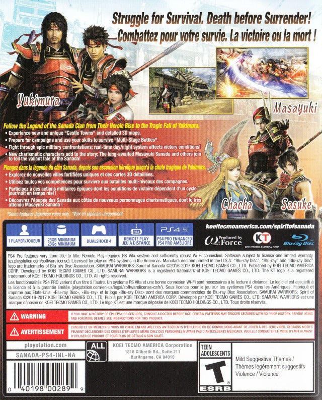 Samurai Warriors Spirit of Sanada - Playstation 4 Pre-Played
