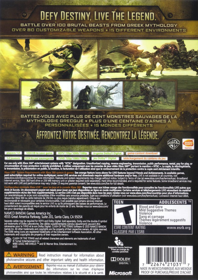 Clash of the Titans Back Cover - Xbox 360 Pre-Played