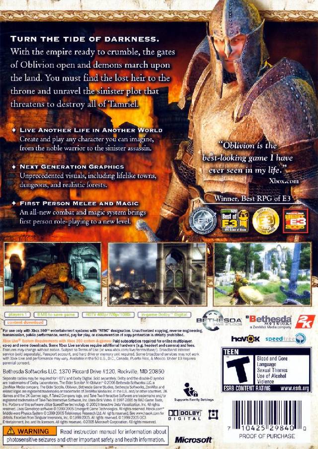 Elder Scrolls IV: Oblivion Back Cover - Xbox 360 Pre-Played