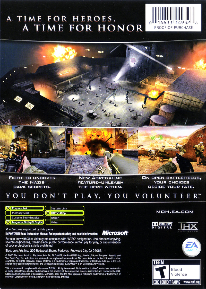 Medal of Honor European Assault Back Cover - Xbox Pre-Played