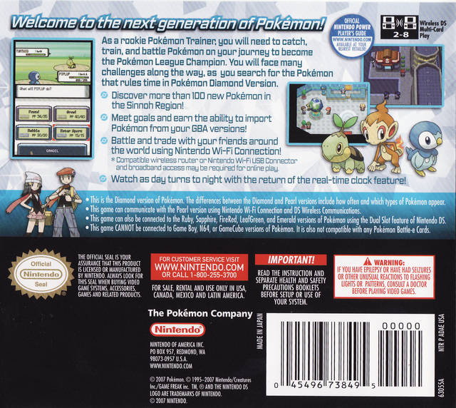 Pokemon - Diamond Version Back Cover - Nintendo DS Pre-Played