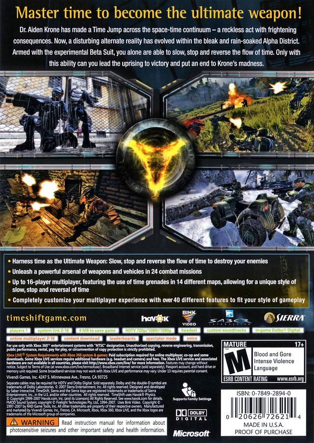 Timeshift Back Cover - Xbox 360 Pre-Played