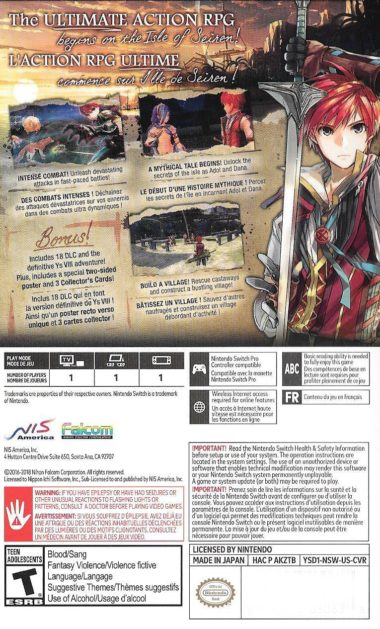 Ys VIII Lacrimosa of DANA Back Cover - Nintendo Switch Pre-Played