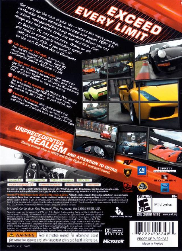 Project Gotham Racing 3 Back Cover - Xbox 360 Pre-Played