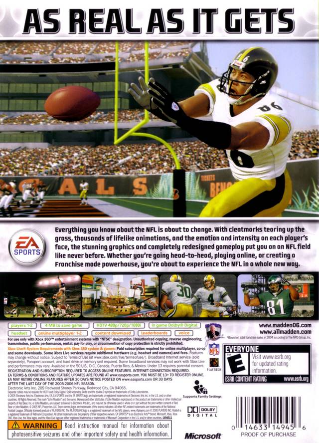 Madden 06 Back Cover - Xbox 360 Pre-Played